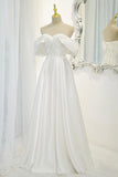 solvbao White Satin Long Prom Dress, Off the Shoulder Evening Dress