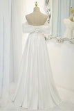 solvbao White Satin Long Prom Dress, Off the Shoulder Evening Dress