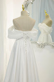 solvbao White Satin Long Prom Dress, Off the Shoulder Evening Dress