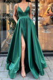 solvbao Green Satin Long Prom Dresses, Simple A-Line Evening Dresses