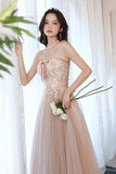 solvbao Pink Strapless Lace Long Prom Dresses, A-Line Evening Dresses