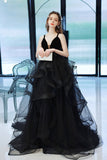 solvbao Black Tulle Lace Long Prom Dress, A-Line Evening Dress