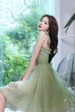 solvbao Green Tulle Short Prom Dress, Green A-Line Party Dress with Bow