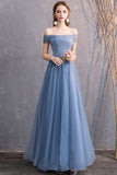 solvbao Blue Tulle Long Prom Dresses, A-Line Bridesmaid Dresses