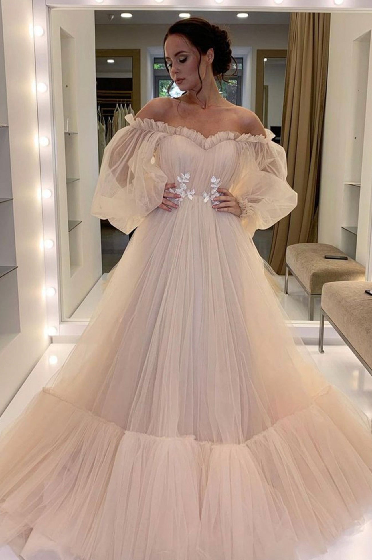 solvbao Pink Tulle Long Prom Dresses, A-Line Long Sleeve Evening Dresses