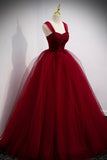 solvbao Burgundy Tulle Long A-Line Prom Dress, Burgundy Evening Party Dress