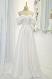 solvbao White Satin Long Prom Dress, Off the Shoulder Evening Dress