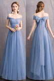 solvbao Blue Tulle Long Prom Dresses, A-Line Bridesmaid Dresses