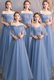 solvbao Blue Tulle Long Prom Dresses, A-Line Bridesmaid Dresses