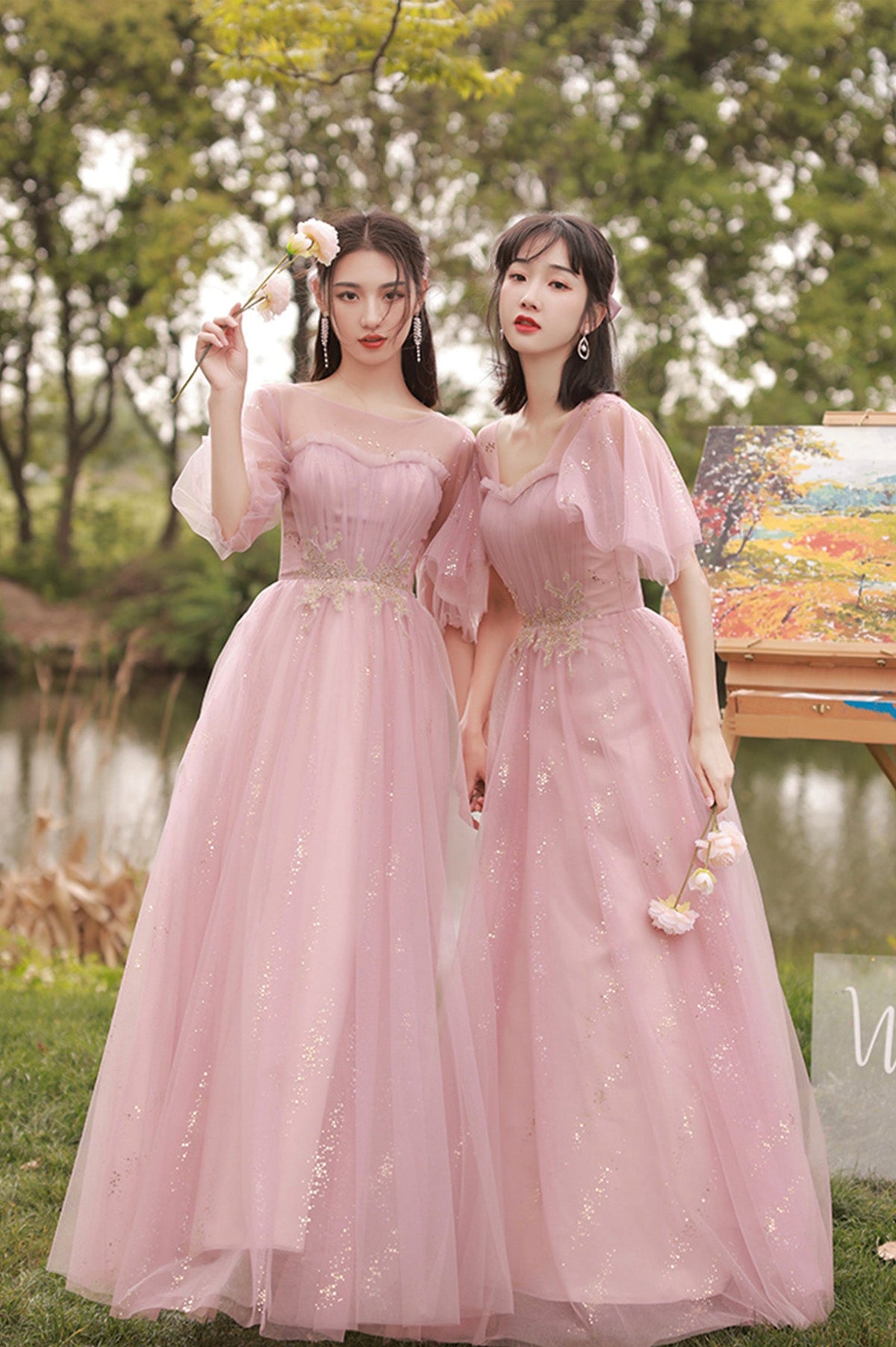 solvbao Pink Tulle Long Prom Dresses, A-Line Bridesmaid Dresses