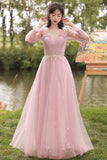 solvbao Pink Tulle Long Prom Dresses, A-Line Bridesmaid Dresses