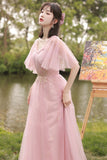 solvbao Pink Tulle Long Prom Dresses, A-Line Bridesmaid Dresses