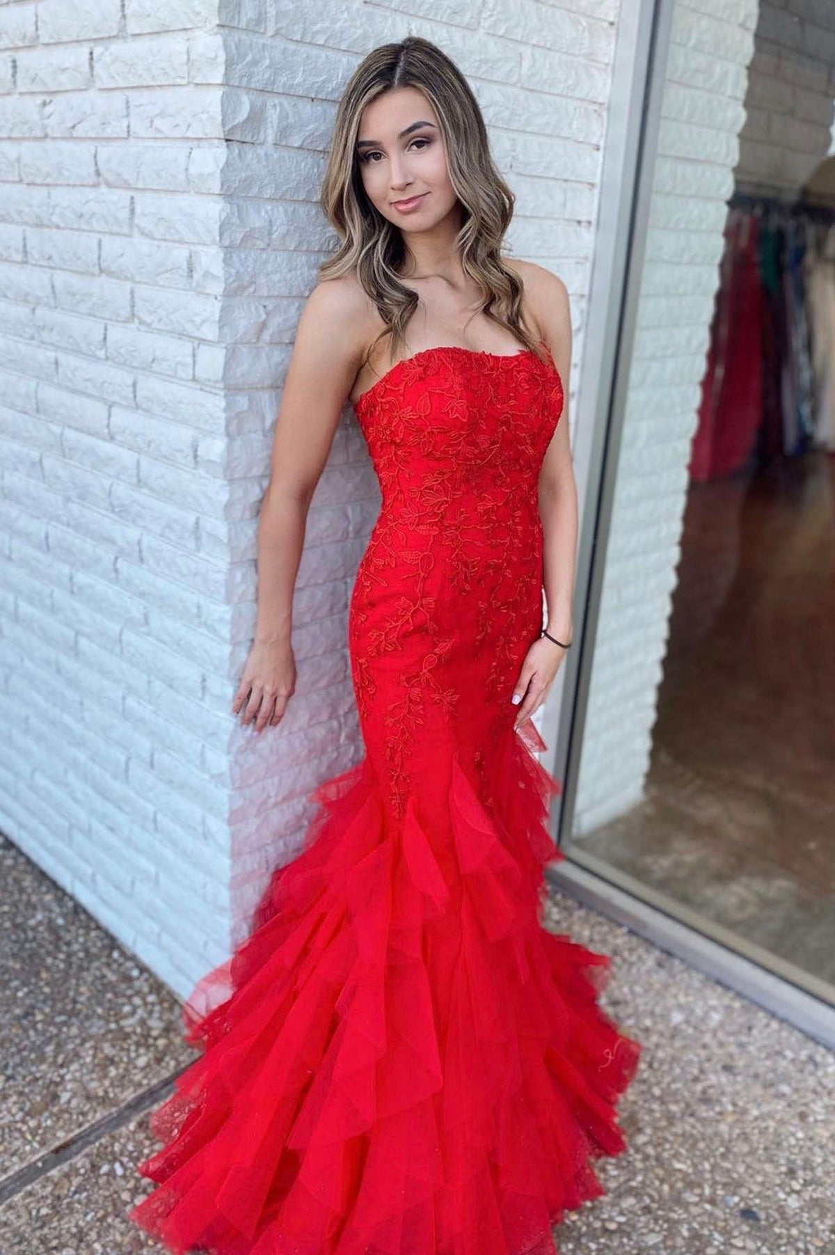 solvbao Red Lace Long Prom Dresses, Mermaid Strapless Evening Dresses