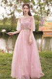 solvbao Pink Tulle Long Prom Dresses, A-Line Bridesmaid Dresses