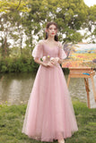 solvbao Pink Tulle Long Prom Dresses, A-Line Bridesmaid Dresses