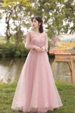 solvbao Pink Tulle Long Prom Dresses, A-Line Bridesmaid Dresses