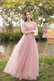 solvbao Pink Tulle Long Prom Dresses, A-Line Bridesmaid Dresses