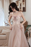 solvbao Pink Strapless Lace Long Prom Dresses, A-Line Evening Dresses