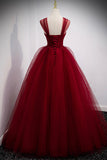 solvbao Burgundy Tulle Long A-Line Prom Dress, Burgundy Evening Party Dress