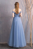 solvbao Blue Tulle Long Prom Dresses, A-Line Bridesmaid Dresses