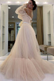 solvbao Pink Tulle Long Prom Dresses, A-Line Long Sleeve Evening Dresses