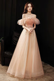 solvbao Pink Tulle Off the Shoulder Prom Dresses, A-Line Evening Dress