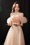 solvbao Pink Tulle Off the Shoulder Prom Dresses, A-Line Evening Dress