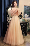 solvbao Pink Tulle Off the Shoulder Prom Dresses, A-Line Evening Dress