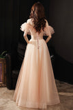 solvbao Pink Tulle Off the Shoulder Prom Dresses, A-Line Evening Dress