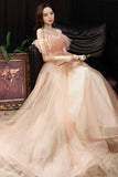 solvbao Pink Tulle Off the Shoulder Prom Dresses, A-Line Evening Dress