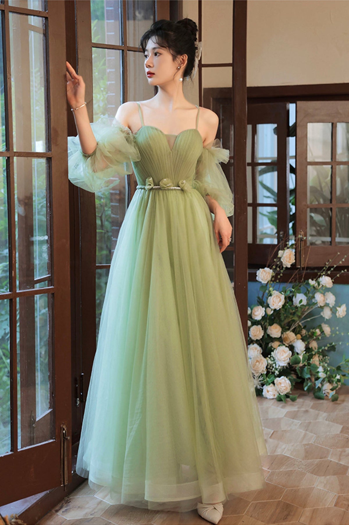 solvbao Lovely Green Tulle Long Party Dress, A-Line Evening Party Dress