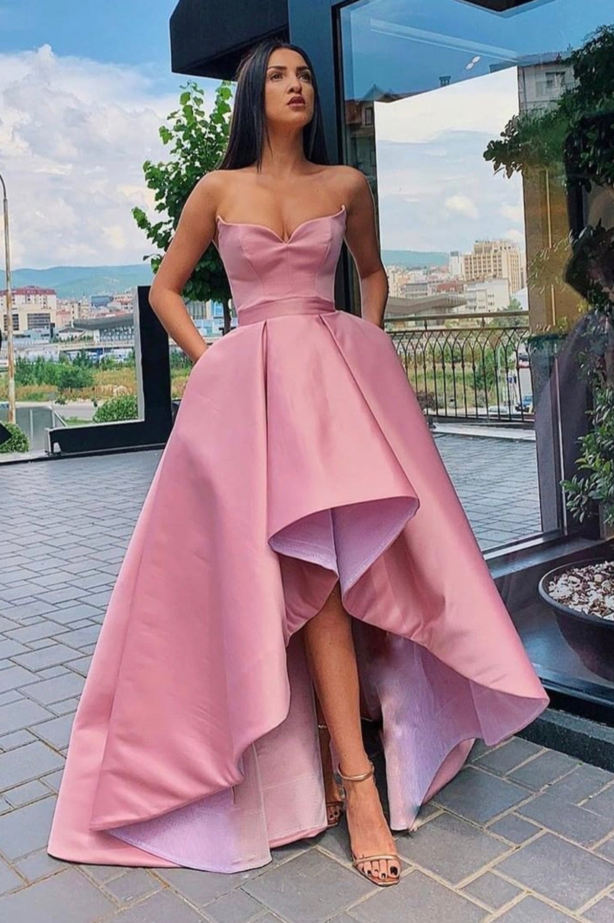 solvbao Pink Satin Strapless High Low Prom Dress, A-Line Evening Dress