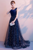 solvbao Blue Tulle Lace Long Prom Dresses, A-Line Evening Dresses