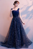 solvbao Blue Tulle Lace Long Prom Dresses, A-Line Evening Dresses