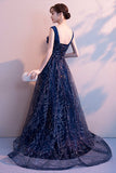 solvbao Blue Tulle Lace Long Prom Dresses, A-Line Evening Dresses