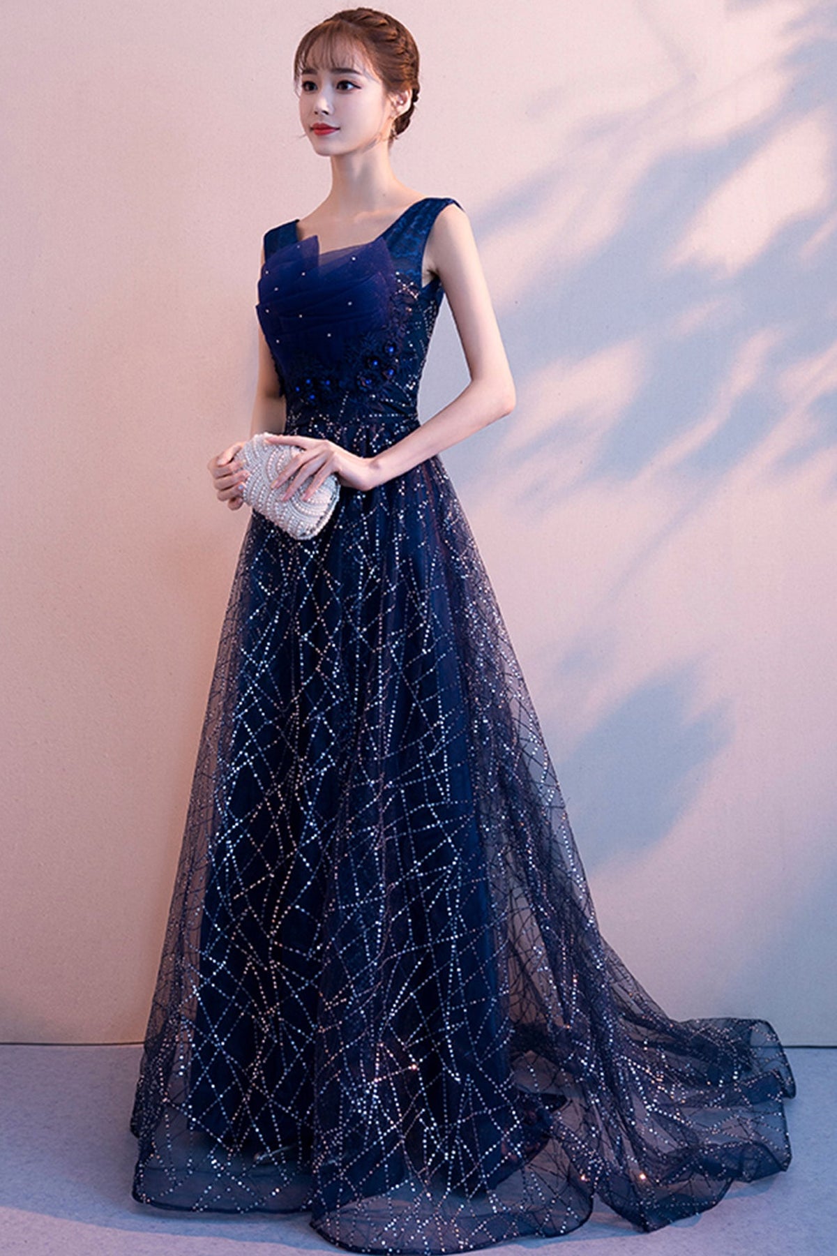 solvbao Blue Tulle Lace Long Prom Dresses, A-Line Evening Dresses