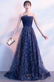 solvbao Blue Tulle Sequins Long Prom Dresses, A-Line Strapless Evening Dresses