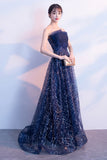 solvbao Blue Tulle Sequins Long Prom Dresses, A-Line Strapless Evening Dresses