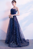 solvbao Blue Tulle Sequins Long Prom Dresses, A-Line Strapless Evening Dresses