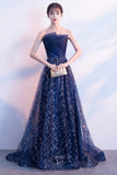 solvbao Blue Tulle Sequins Long Prom Dresses, A-Line Strapless Evening Dresses