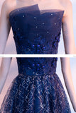 solvbao Blue Tulle Sequins Long Prom Dresses, A-Line Strapless Evening Dresses