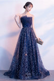 solvbao Blue Tulle Sequins Long Prom Dresses, A-Line Strapless Evening Dresses