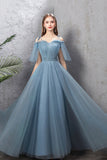 solvbao Blue Tulle Long Prom Dresses, A-Line Simple Evening Dresses