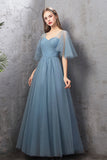 solvbao Blue Tulle Long Prom Dresses, A-Line Simple Evening Dresses