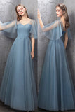 solvbao Blue Tulle Long Prom Dresses, A-Line Simple Evening Dresses