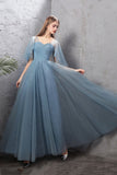 solvbao Blue Tulle Long Prom Dresses, A-Line Simple Evening Dresses