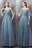 solvbao Blue Tulle Long Prom Dresses, A-Line Simple Evening Dresses