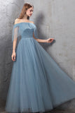 solvbao Blue Tulle Long Prom Dresses, A-Line Simple Evening Dresses