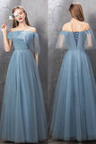 solvbao Blue Tulle Long Prom Dresses, A-Line Simple Evening Dresses