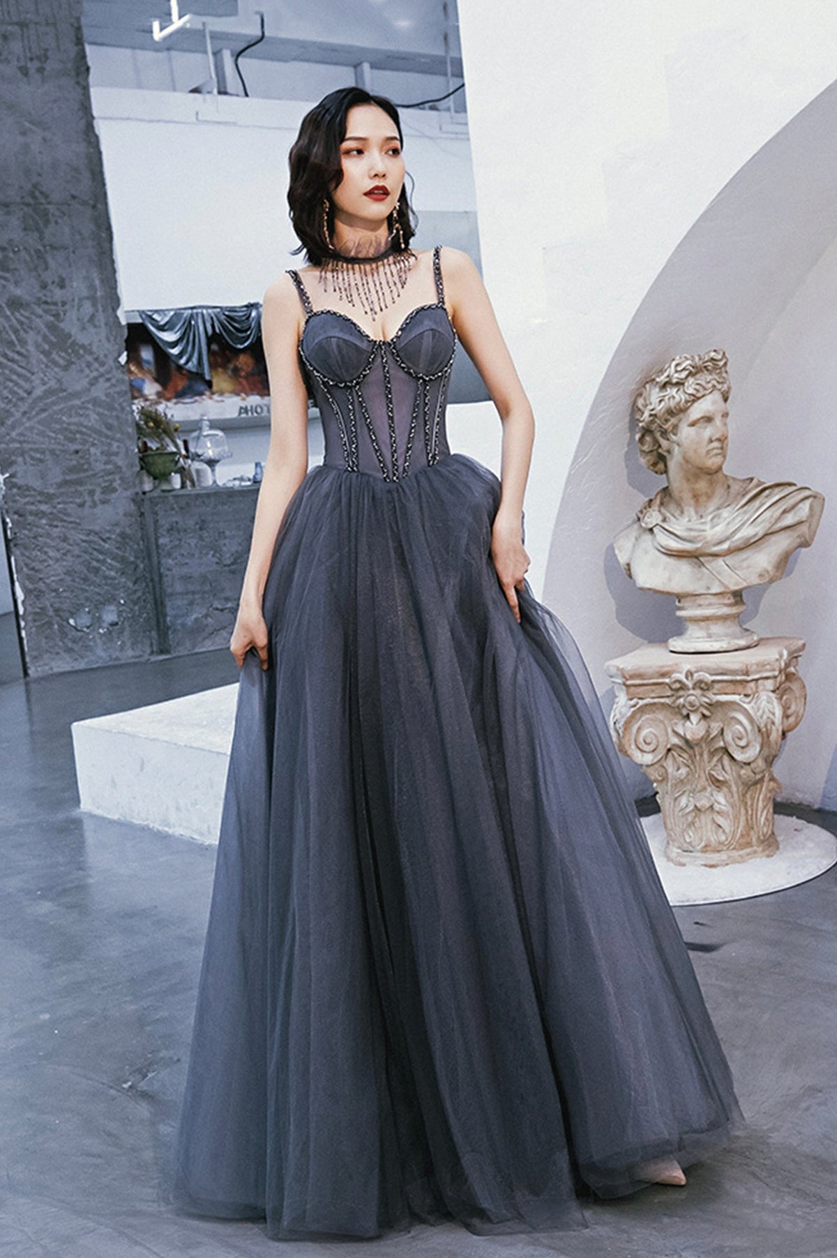 solvbao Gray Tulle Beaded Floor Length Prom Dress, A-Line Party Dress